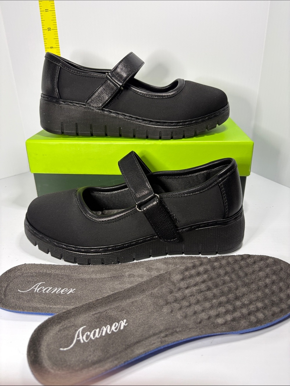 Acaner NWT Black Mary Jane School Shoes Hook-and-Loop Strap xtra insoles
